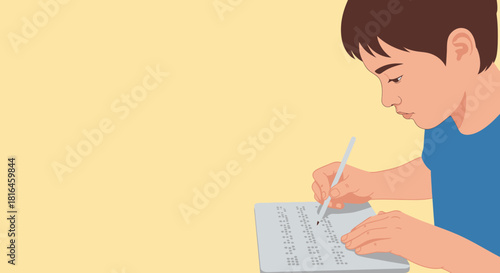 Boy using stylus to read braille text, illustrating education and accessibility solutions.