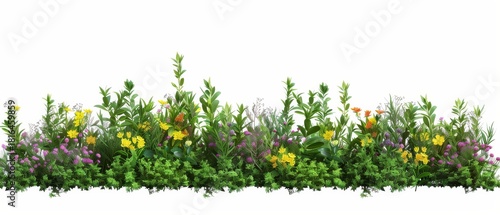 Lush Wildflower Meadow Border Isolated on White Background Eye-Level Shot Vibrant Springtime Flora and Greenery