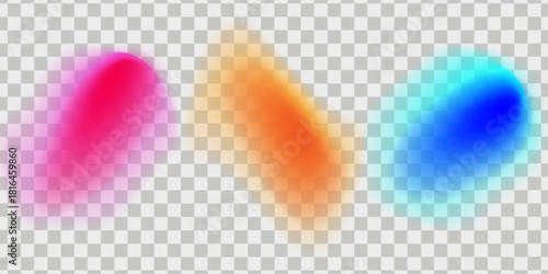 Set color circle gradient noise gradation. Abstract colorful watercolor blur mesh on isolated transparent background. Circle shape png. Gradient aura, grain neon blob noise effect vector illustration.