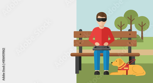 Blind man using braille typewriter with guide dog sitting on the grass in the park.