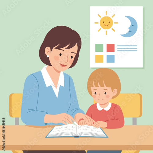 Teacher assists young blind girl reading braille book in classroom. Inclusive education concept.