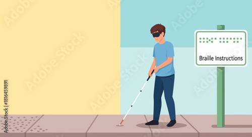 Blind man uses cane for navigation near braille instructions sign on city sidewalk.