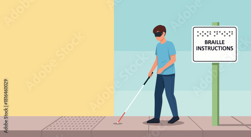 Blind man uses cane for navigation near braille instructions sign on sidewalk. Inclusion.