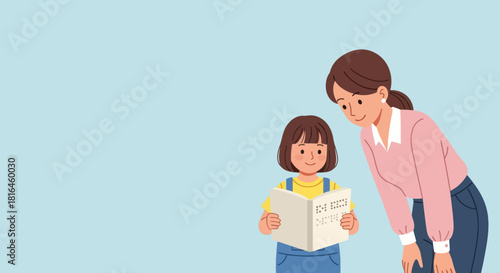 Young girl reading braille book with teacher helping. Inclusive education concept illustration.