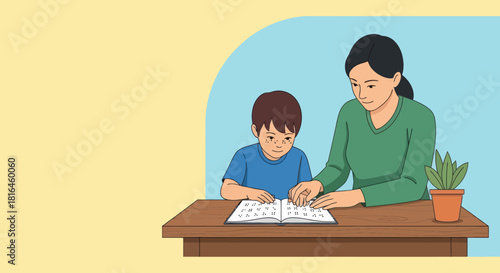 Young blind boy learns braille with tutor, concept of inclusive education and support.