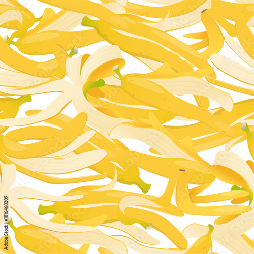 Yellow banana peel. Fruit skin seamless pattern. Organic garbage. Slippery rind. Food waste. Peelings heap. Slipping on husk. Product leftover shell. Recycling litter. Vector background