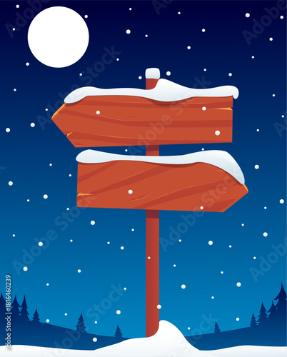 Wooden signpost in snow covered forest on winter night. Starry sky with moon. Snowy wood signboard. Frozen guidepost frame in snowdrift. Nature landscape. Arrow pointer. Vector background