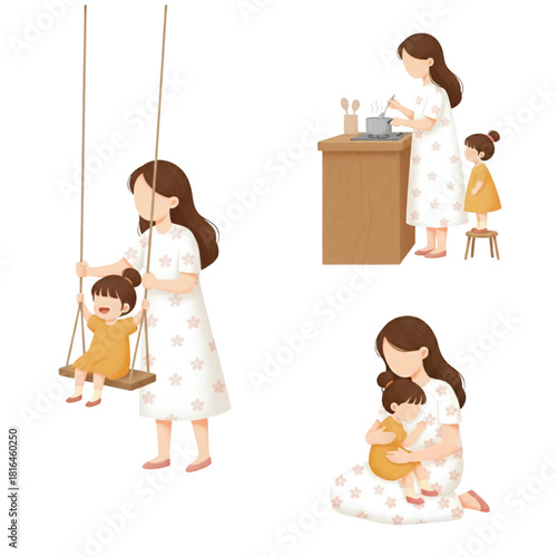 Mother's Day Bundle Edition #3—Cooking, Hugs, Playing. Crayon Illustration. Design Element. Clip art. Suitable for artwork design.