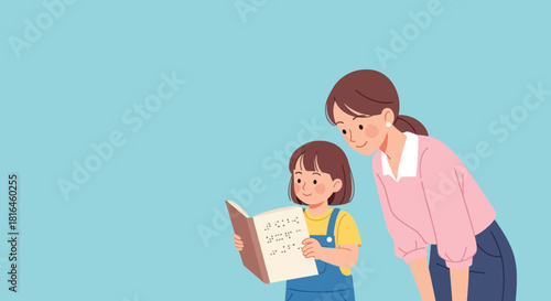 Young girl reading braille book with mother. Visually impaired learning and support.