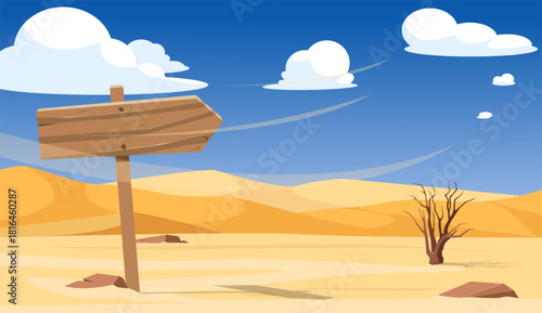 Wooden signpost in desert among rocks and sand. Wilderness landscape. Arid wild land. Arrow way plank pointer. Sandy dunes. Blank signboard. Directional guidepost. Vector nature background