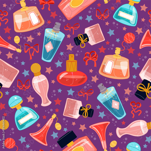 Womens fragrant perfumes in spray bottles and atomizers seamless pattern. Toilet water and colognes vials. Repeated perfumery print. Beauty products. Aroma cosmetics. Vector background