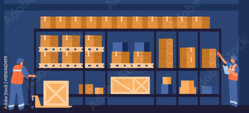 Warehouse workers logistics company keep track of and sort goods at rack. Storage and distribution. Cargo shipping scan control. Storehouse staff. Parcels inventory. Vector concept