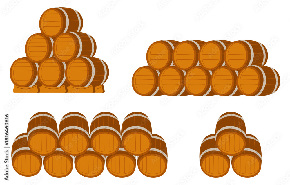 Fototapeta premium Stacked wooden barrels for beer, wine and other alcoholic beverages. Winery storage. Brewery wood casks. Container for whisky. Drink fermentation. Brewing kegs. Vector isolated objects set