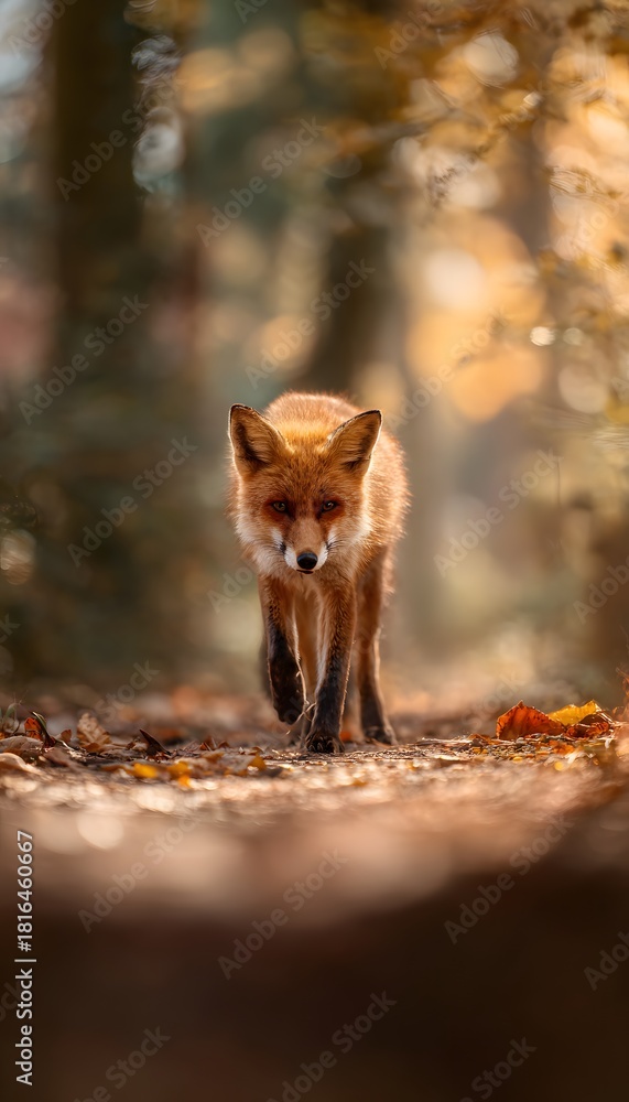 Naklejka premium Autumn fox strolls through sunlit forest a serene wildlife portrait of gentle beauty and peaceful nature scenes