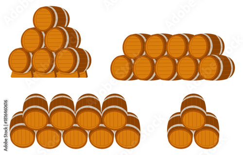 Stacked wooden barrels for beer, wine and other alcoholic beverages. Winery storage. Brewery wood casks. Container for whisky. Drink fermentation. Brewing kegs. Vector isolated objects set