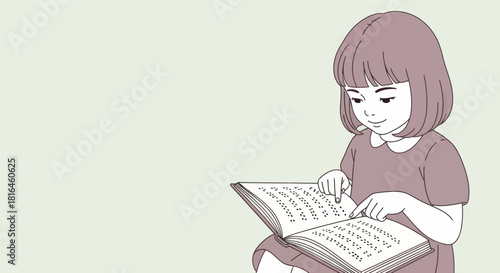Little girl reading braille book with her fingers, education and accessibility concept.