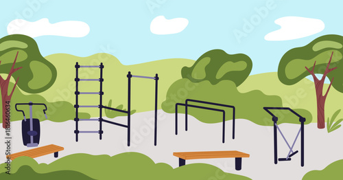 Sports playground with exercise equipment. Horizontal and parallel bars in park surrounded by nature. Fitness simulators. Empty park athletic zone. Gymnastic turnstiles. Vector background