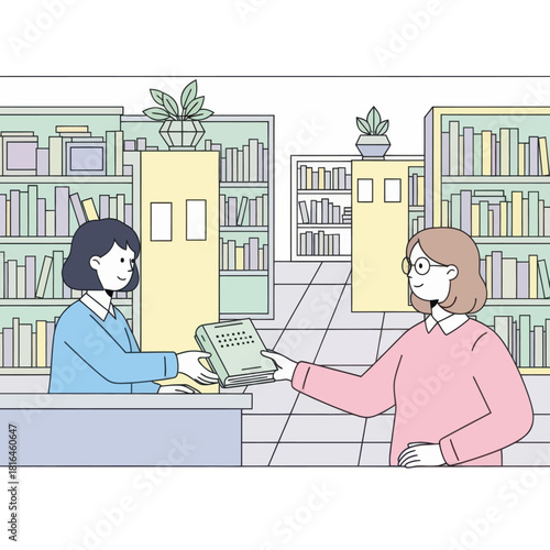 Woman returns book to librarian at library. Concept of lending, knowledge and education.