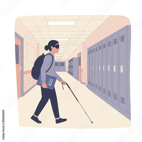 Visually impaired student walking in school hallway with backpack and walking stick.