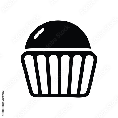 Simple black and white illustration of a cupcake in a wrapper, perfect for baking or dessert themes