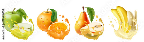 Ripe fruit. Orange and apple splashes. Pear and banana fall into drops of juice. Liquid splatters. Realistic natural product. Whole and half ingredient. Summer smoothie. Food vector set