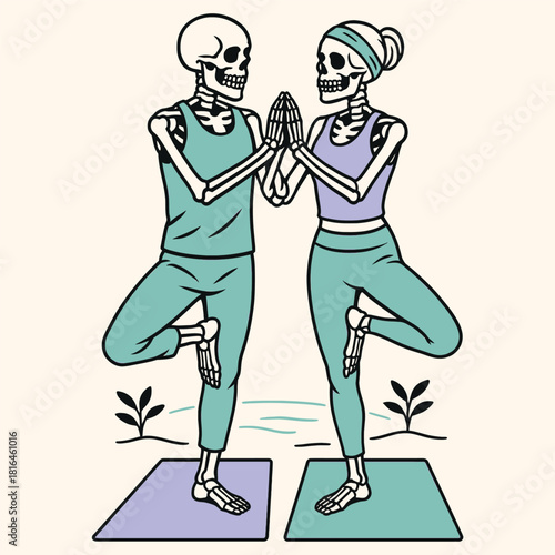 Skeleton Couple Practicing Yoga Tree Pose Together Vector Illustration