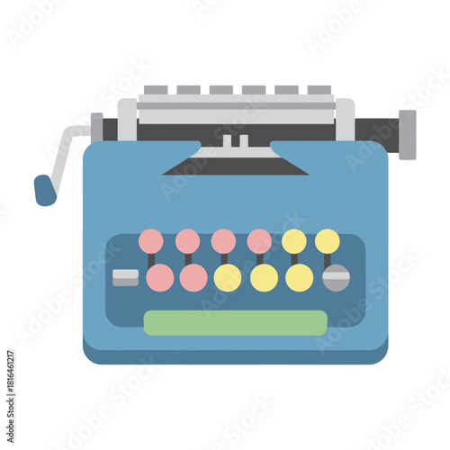 Blue typewriter vector illustration. Old fashioned writing machine for creative content.