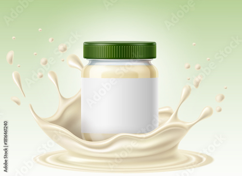 Realistic glass bottle of mayonnaise. White cream splashes. Delicious sauce for vegetables and meat. Food packaging. 3D jar with lid and label. Mayo dressing drops. Vector package mockup