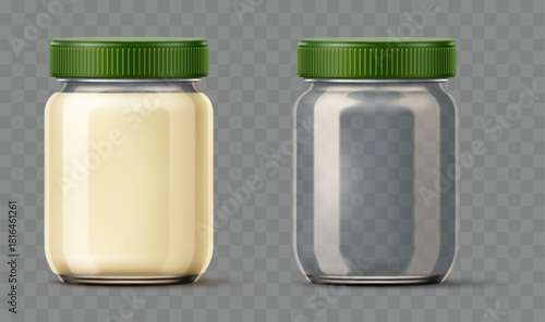 Realistic glass jar with mayonnaise. Full or empty bottle. Mayo sauce pot. Clear 3D packaging. Food package. Yogurt reusable container. Vector objects mockup on transparent background