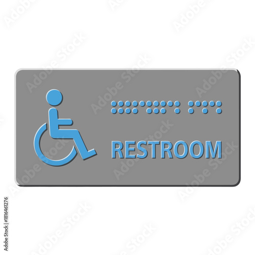 Handicap restroom sign with braille and wheelchair symbol for disabled access needs.