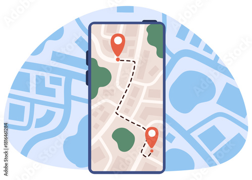 Phone app with city map and GPS navigation. Red geotags and dotted line showing route. Smartphone screen. Mobile application. Online roadmap navigator. City location mark. Vector concept