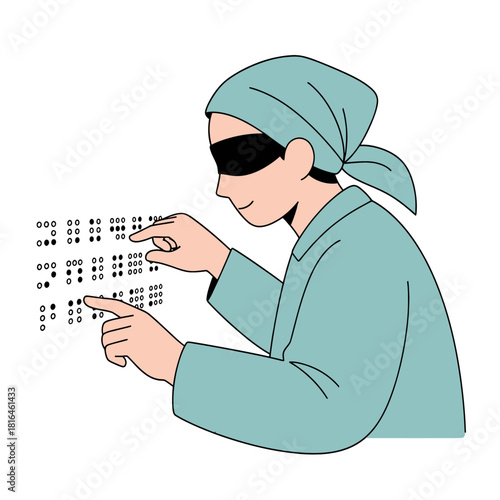 Blindfolded woman reading braille, touching the raised dots with her fingers. Isolated.