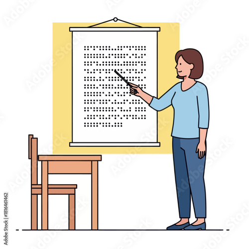 Woman points to braille text on a white board in a classroom, teaching visually impaired.