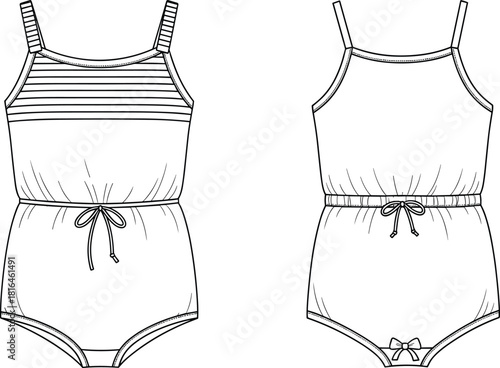 Children swimsuit sketch, one-piece fashion flat, sleeveless swimwear design, drawstring detail, apparel template, cad drawing flat vector illustration