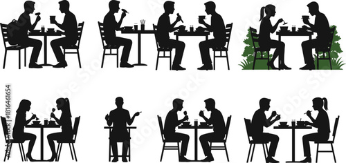Dining silhouette set, people eating at table, restaurant scene, social interaction, vector illustration, flat style, cad drawing, minimal design