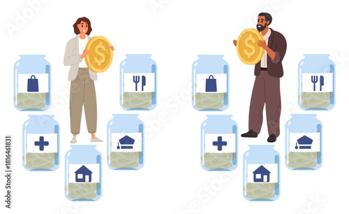 Man and woman allocate money for education, housing, food, medicine and shopping. Budget planning. Financial management. Savings in glass jars. Earnings diversification. Vector concept
