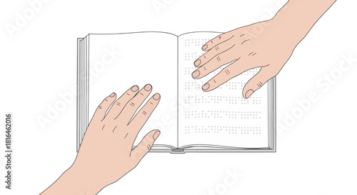 Illustration of hands reading a book with braille, concept of disability and inclusion.