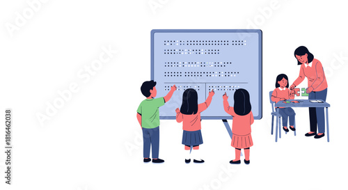 Children learning braille with teacher in classroom, education for visually impaired.