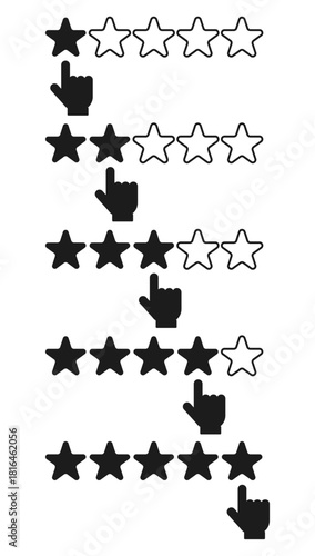 Hand with index finger pointing to rating stars. Service ranking. Quality feedback. Satisfaction vote. Negative or positive evaluation. Client opinion. Black silhouette icons vector set