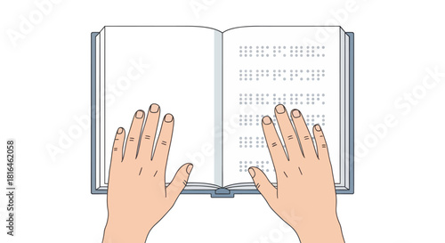 Hands reading braille text in an open book, tactile writing system used by blind people.