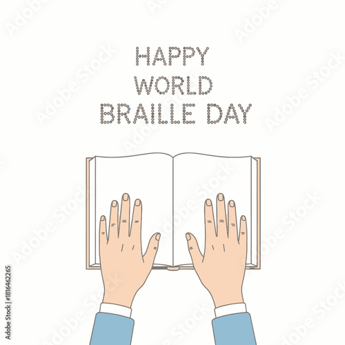 Happy world braille day. Hands read a book with braille text. International day concept.