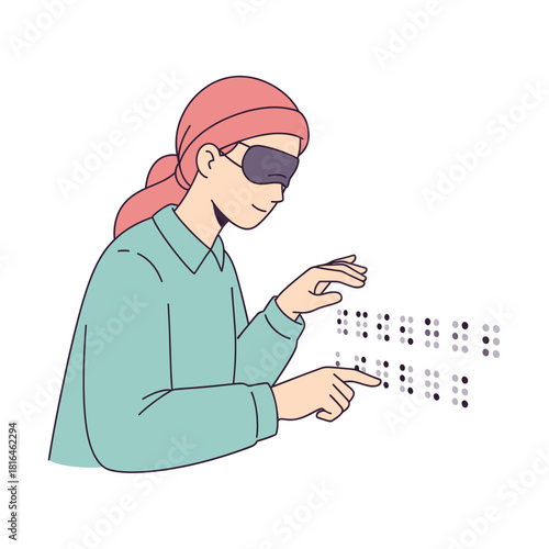 Blind woman reads braille text with her fingers, wearing a dark eye mask. Inclusion concept.