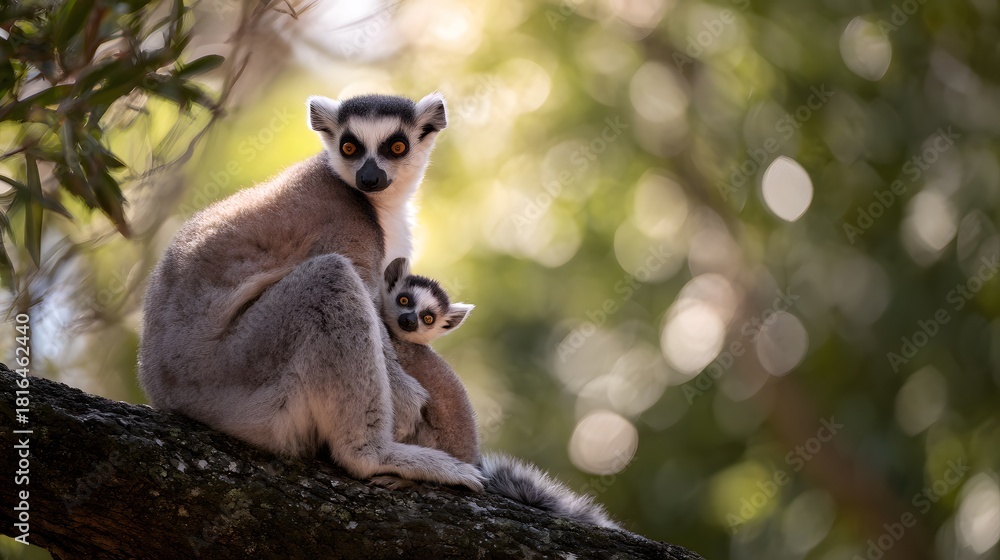 Obraz premium Tender moment a mother lemur embraces her baby in peaceful forest morning light portrait