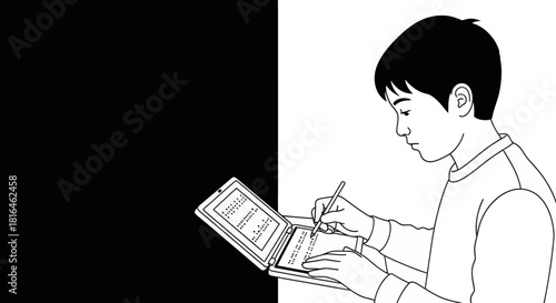 Young man using a braille typewriter on a black and white background. Inclusive education.
