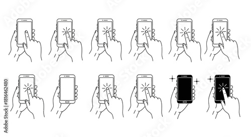Sleek vector line icons demonstrating diverse smartphone touch gestures and mobile user interface interactions, ideal for modern application design, digital tutorials, and user experience