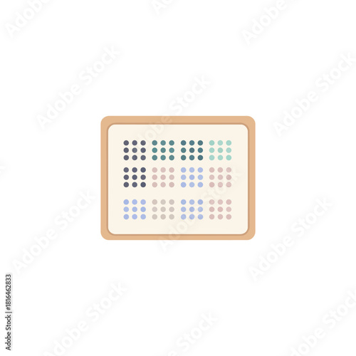 Braille alphabet on a board, a tactile writing system used by people who are visually impaired.