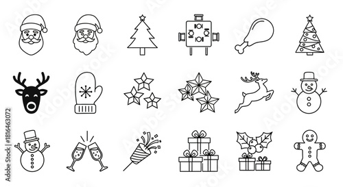 A versatile collection of sleek, minimalist line art icons for the festive holiday season, perfect for Christmas designs, winter celebrations, and seasonal graphics