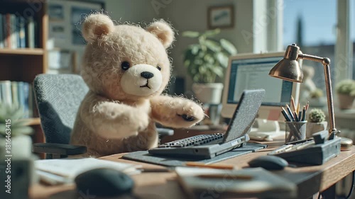 Teddy Bear Typing at Desk in Cozy Home Office Setting with Natural Light