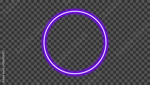 Neon glowing violet circular outline frame isolated on transparent background. Purple round stroke light with realistic neon glow effect. Shining neon glow blank circle. Vector illustration.