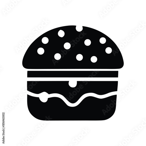 Stylized black silhouette icon depicting a classic hamburger with bun, patty, and various toppings, ideal for fast food menus, restaurant branding, or culinary graphic design projects